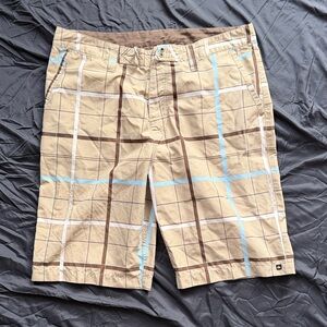 Quiksilver Tan and Light Blue Checkered Men's Shorts